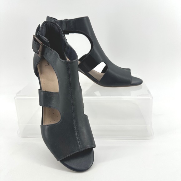 Clarks Shoes - Clarks Deva Heidi Sandals Womens 7.5 Navy Blue Leather Block Heel Comfort